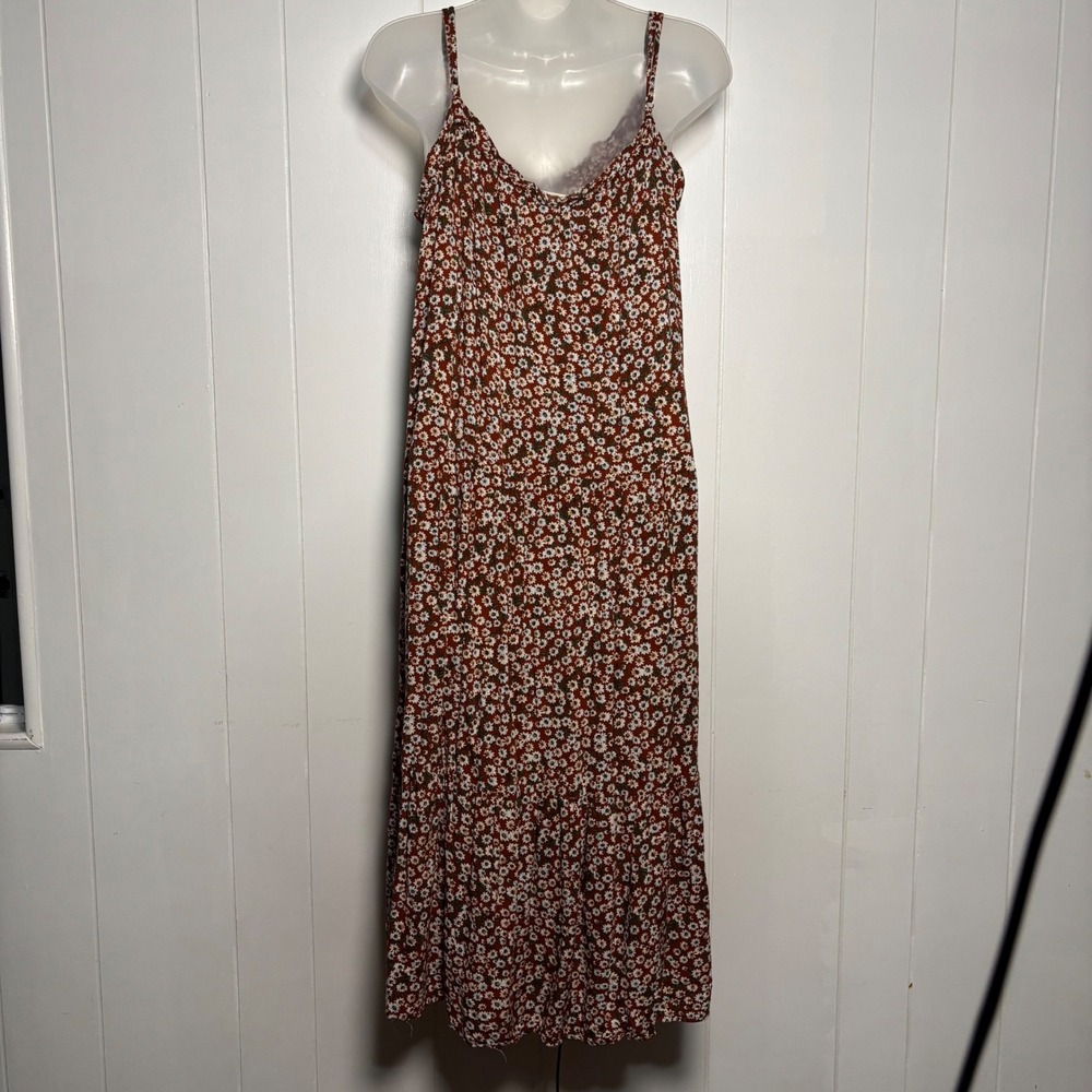 Natural Life Rust Floral Daisy Midi Dress Sz Medium Tiered Rayon Boho Pockets - Picture 2 of 7